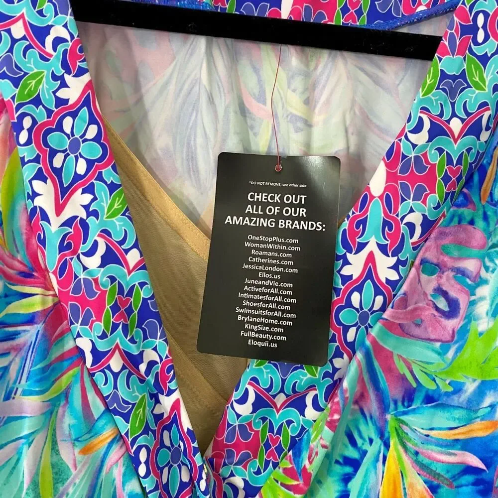 NWT Swim 365 Faux Wrap Tankini Top Tunic Rainbow Tie Dye Palm Size US 32 4XL